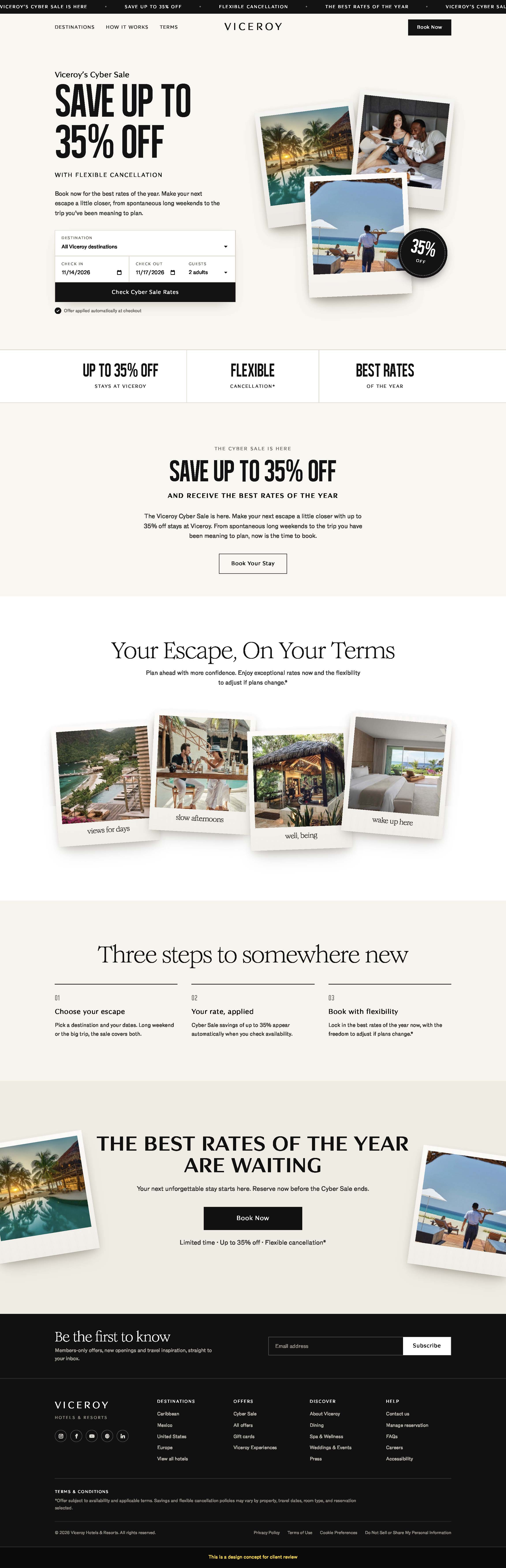 Landing page for Viceroy Hotels, Cyber Sale campaign