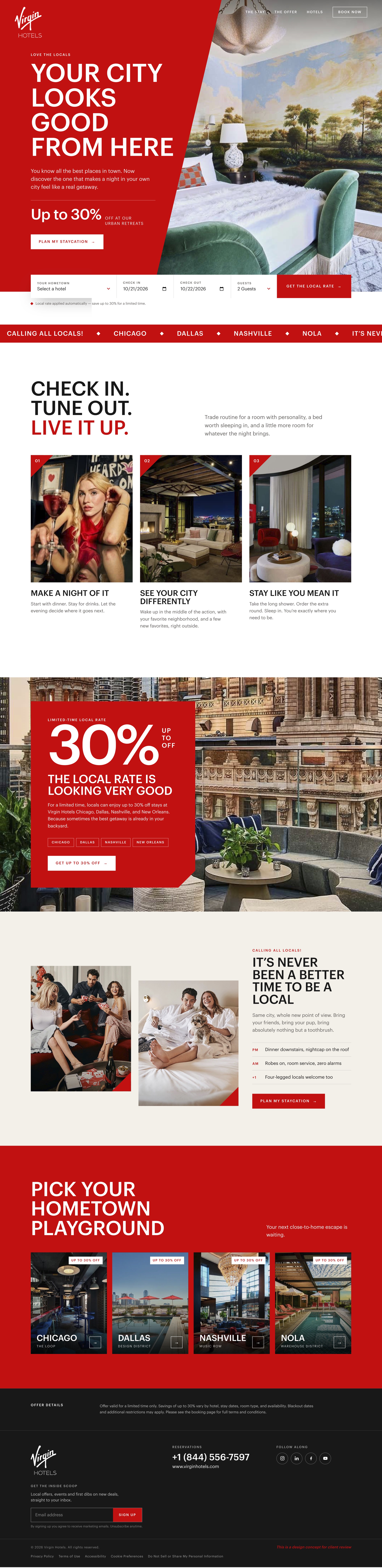 Landing page for Virgin Hotels, Love the Locals campaign